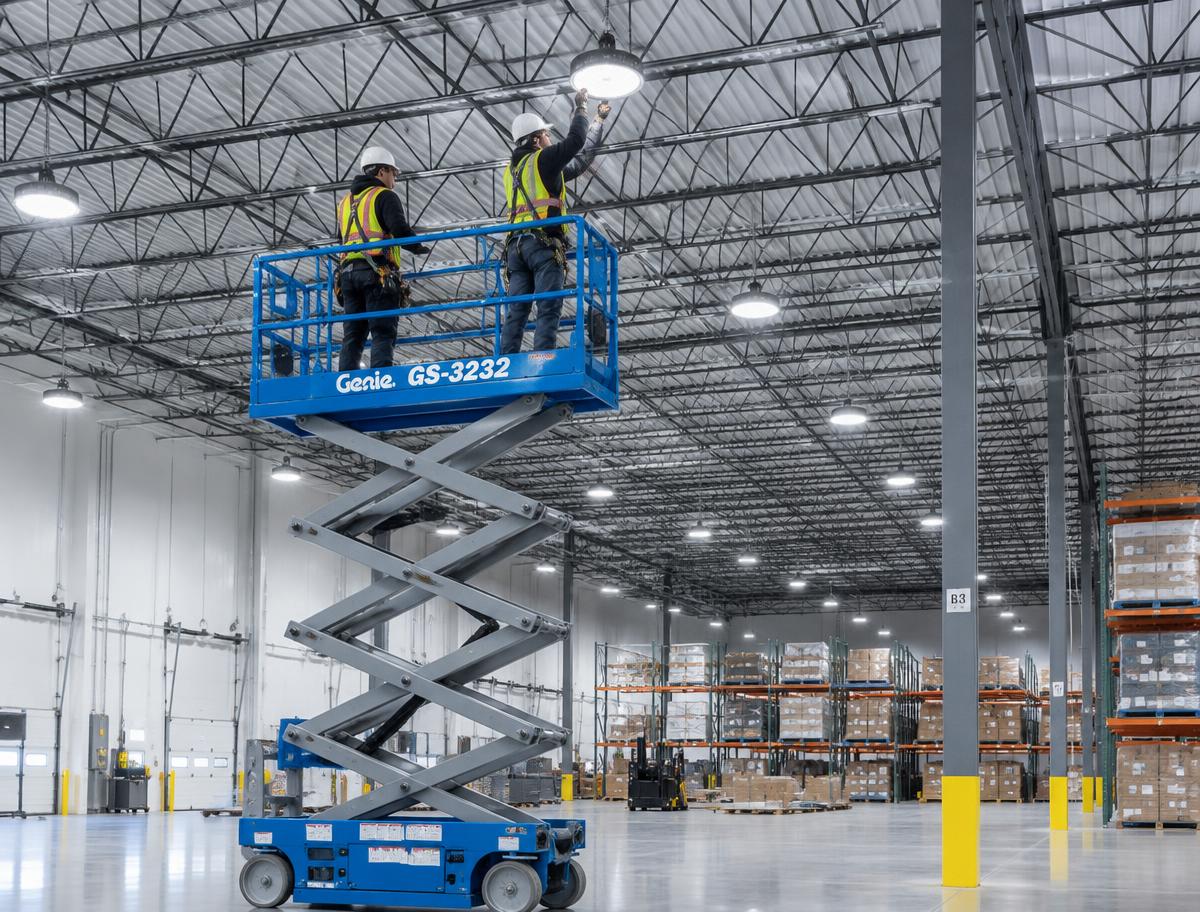 Black Bear crew installing LED high-bay fixtures from a lift